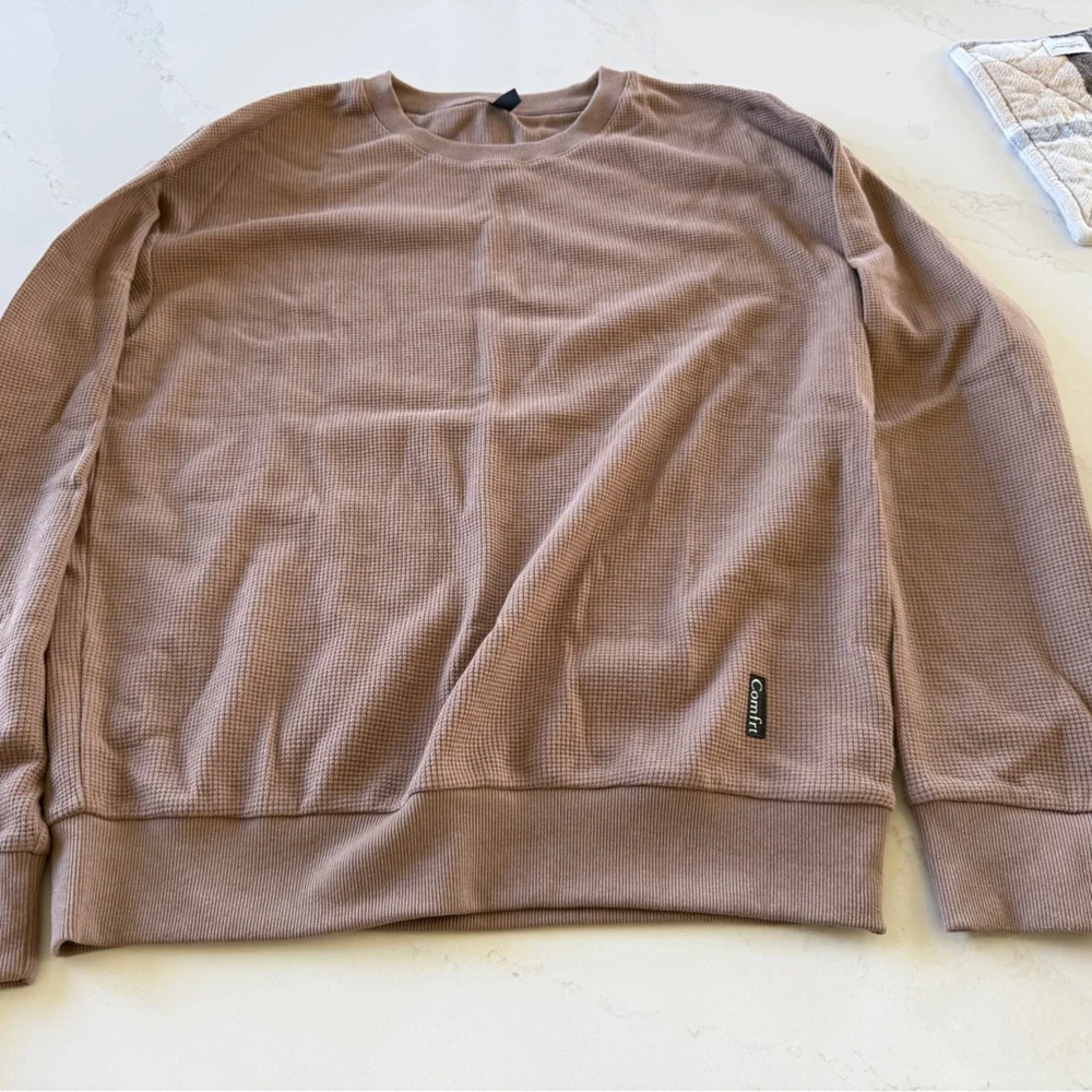 Comfrt Waffle Knit Crewneck Sweater in Tan - Picture 3 of 5